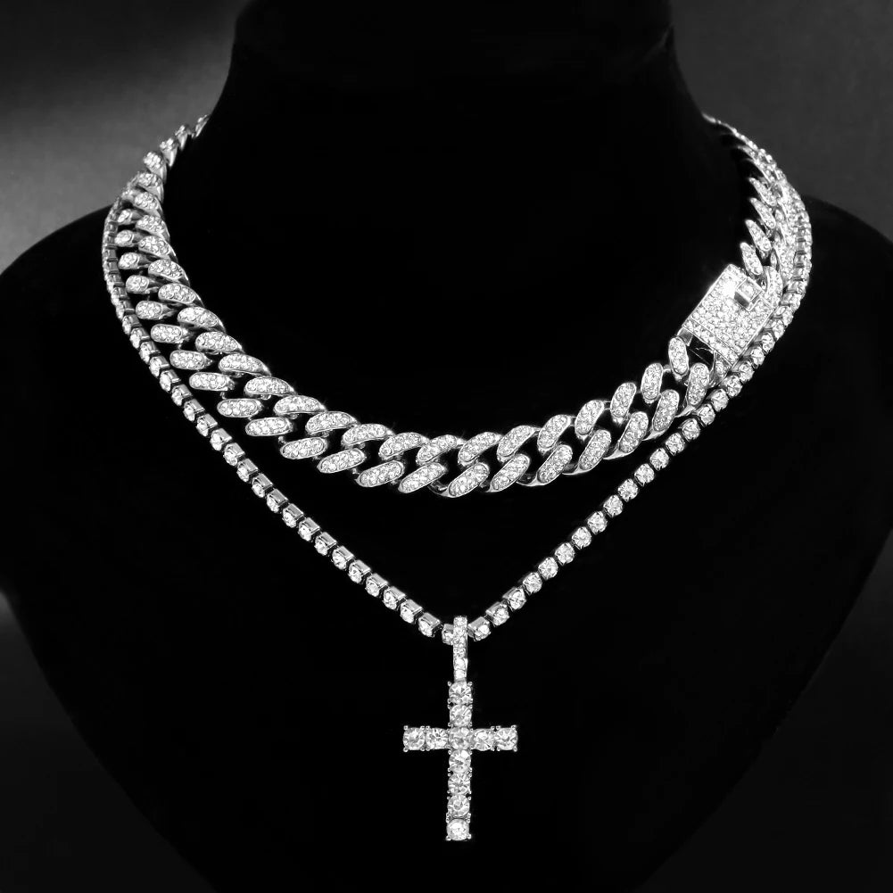 Hip Hop Iced Out Cuban Link Chain Cross Necklace Set – 2PCS Bling Miami Chain Jewelry for Men & Women