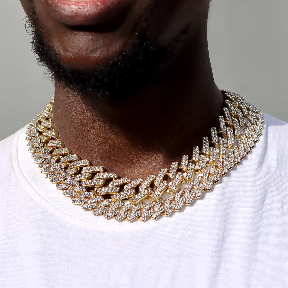Iced Out 14MM Cuban Link Chain Necklace – Prong-Set Rhinestone Hip Hop Choker for Women & Men