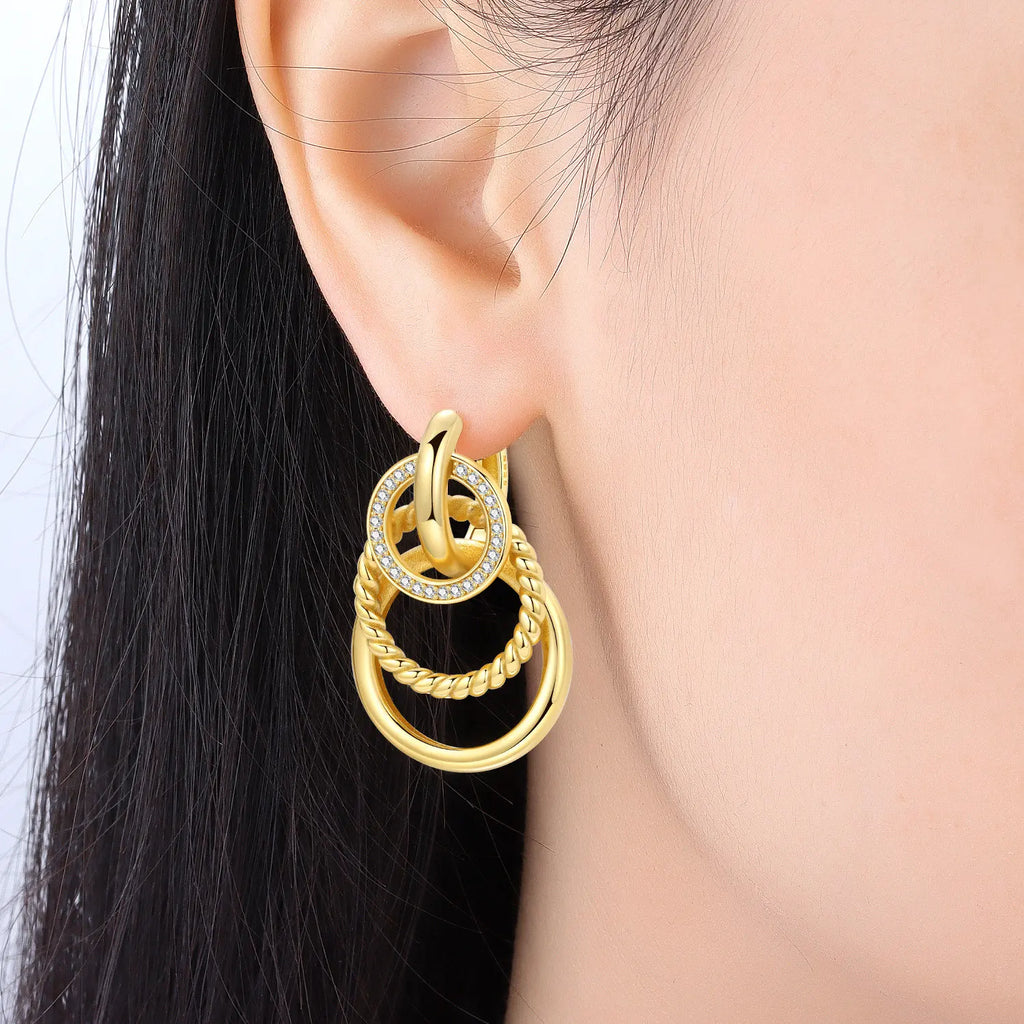 925 Sterling Silver 18K Gold French 3-Layer Drop Earrings for Women – Elegant Party Fashion Jewelry Gift