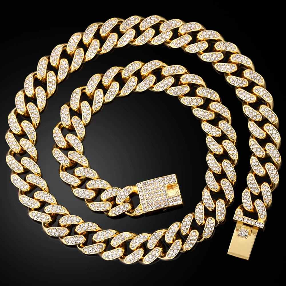 Hip Hop Iced Out Cuban Link Chain Cross Necklace Set – 2PCS Bling Miami Chain Jewelry for Men & Women