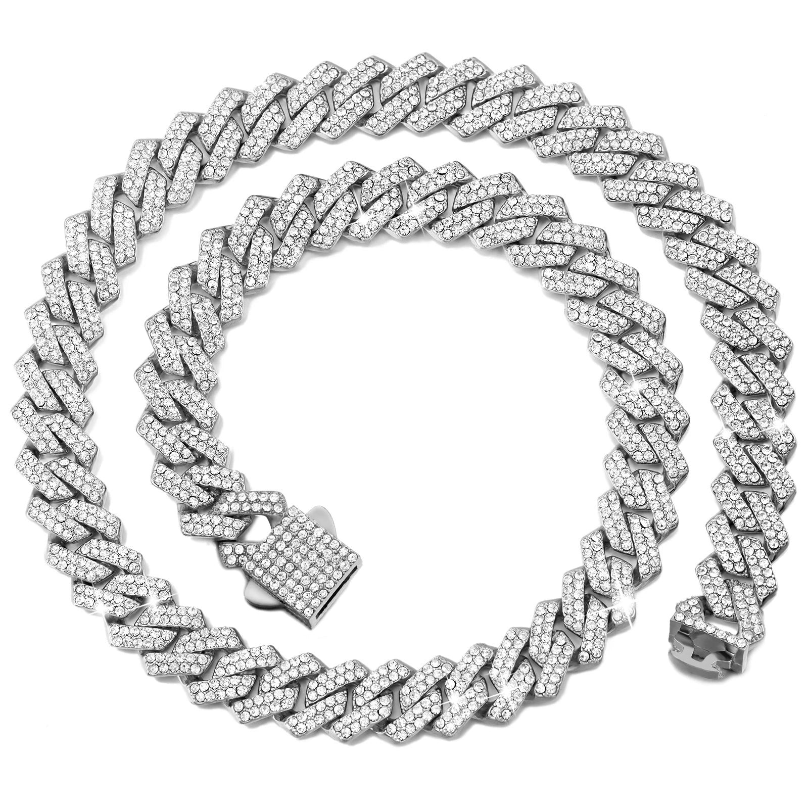 Iced Out 14MM Cuban Link Chain Necklace – Prong-Set Rhinestone Hip Hop Choker for Women & Men