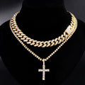 Hip Hop Iced Out Cuban Link Chain Cross Necklace Set – 2PCS Bling Miami Chain Jewelry for Men & Women