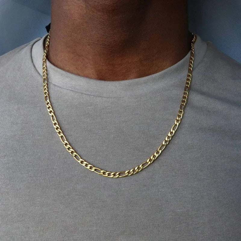 18K Gold Figaro Chain Necklace for Men – 4MM Hip Hop Punk Link Chain, Unisex Fashion Jewelry (40–75cm)