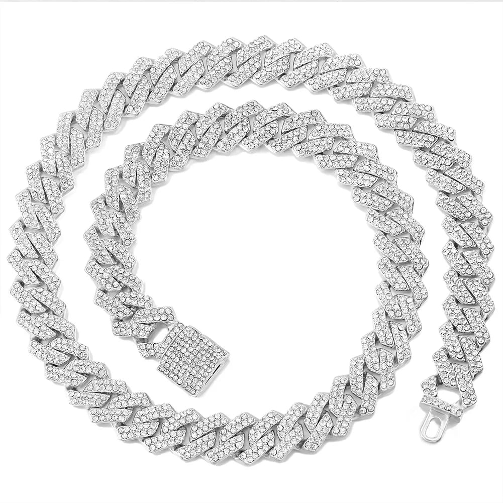 Iced Out 14MM Cuban Link Chain Necklace – Prong-Set Rhinestone Hip Hop Choker for Women & Men