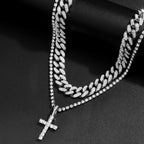 Hip Hop Iced Out Cuban Link Chain Cross Necklace Set – 2PCS Bling Miami Chain Jewelry for Men & Women