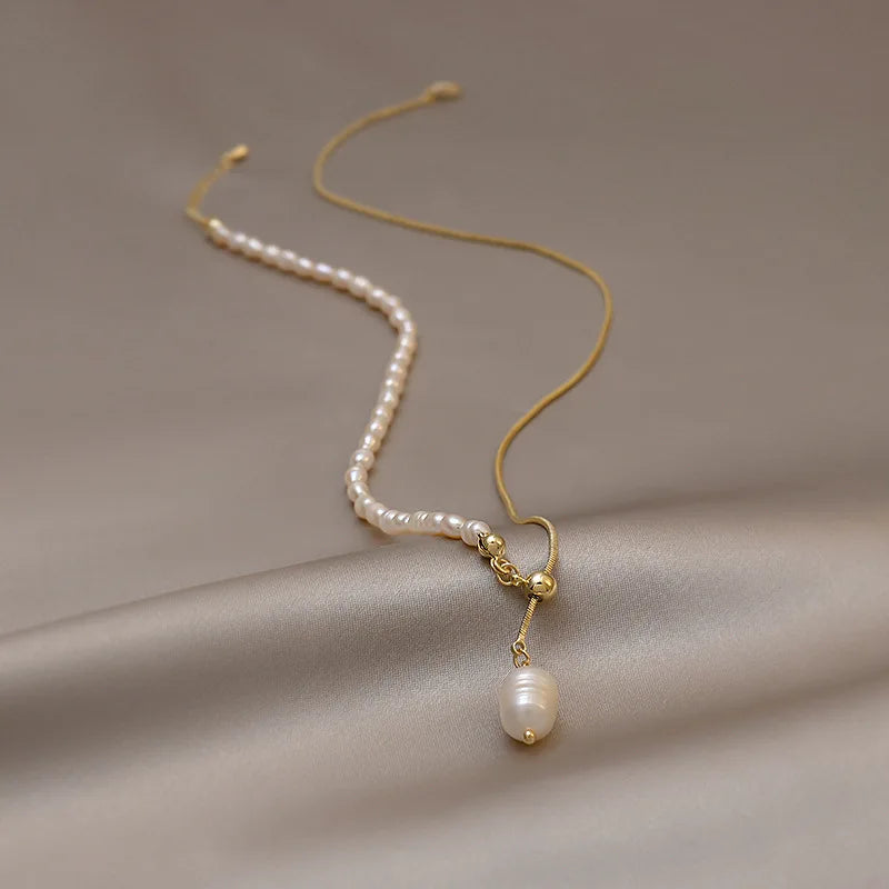 14K Gold Filled Freshwater Pearl Pendant Necklace for Women –Water Drop Pearl Snake Chain