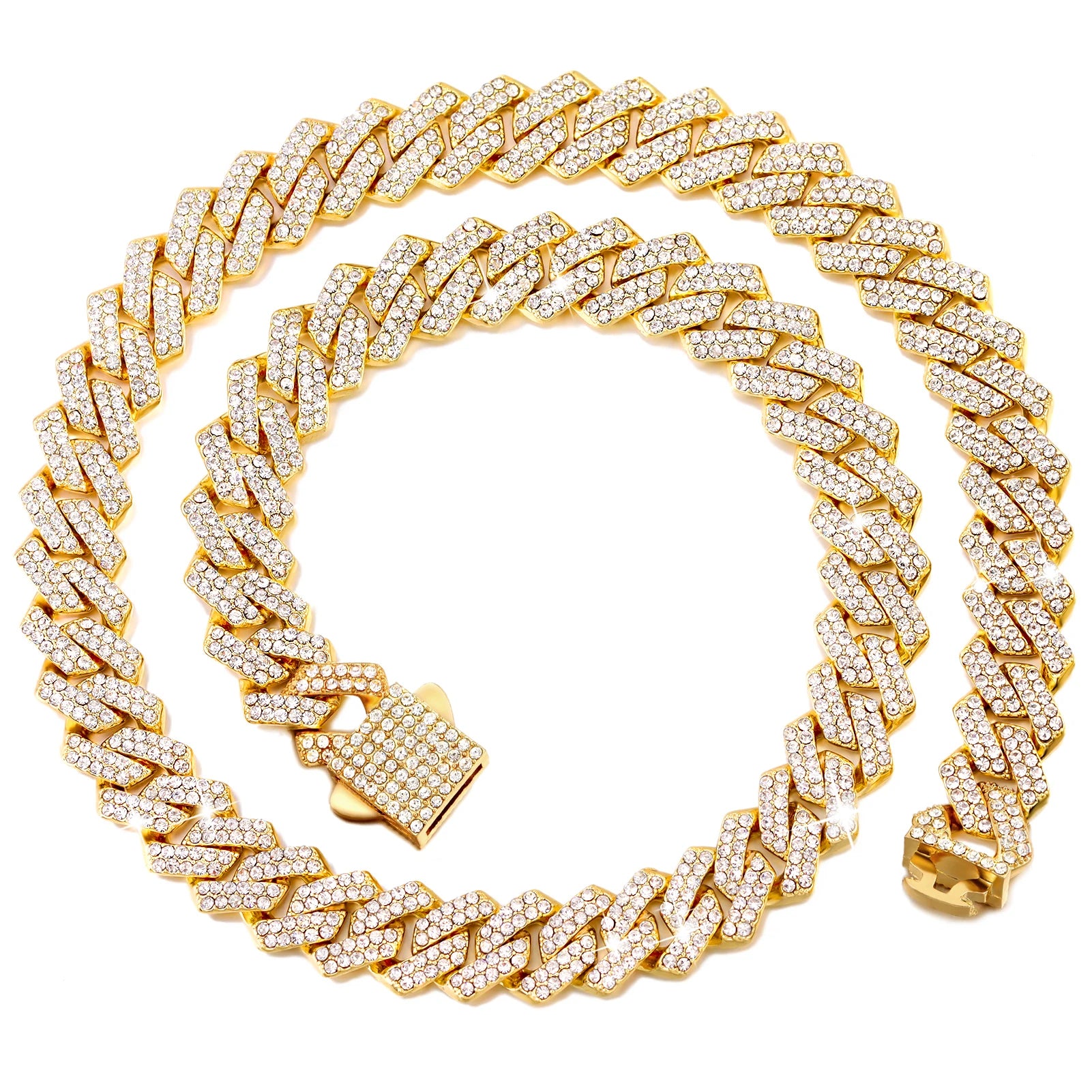 Iced Out 14MM Cuban Link Chain Necklace – Prong-Set Rhinestone Hip Hop Choker for Women & Men