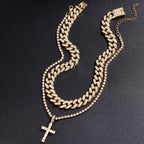 Hip Hop Iced Out Cuban Link Chain Cross Necklace Set – 2PCS Bling Miami Chain Jewelry for Men & Women