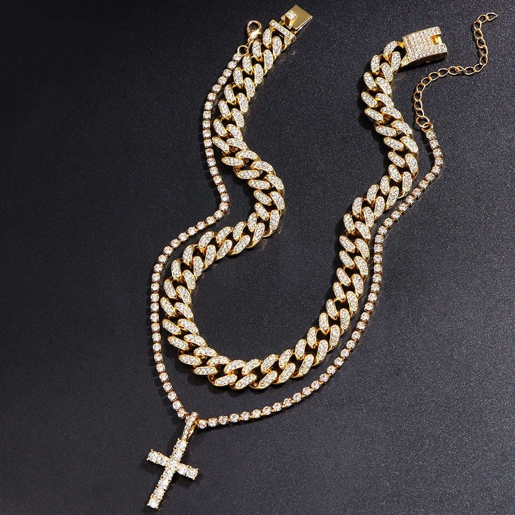 Hip Hop Iced Out Cuban Link Chain Cross Necklace Set – 2PCS Bling Miami Chain Jewelry for Men & Women