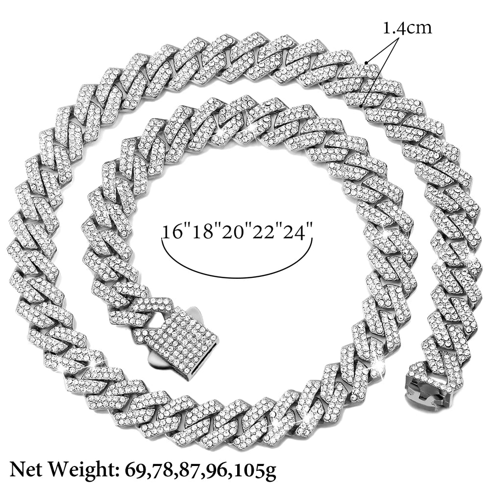 Iced Out 14MM Cuban Link Chain Necklace – Prong-Set Rhinestone Hip Hop Choker for Women & Men
