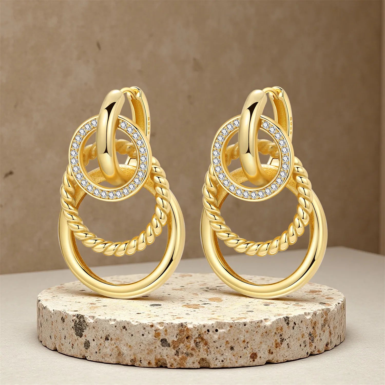 925 Sterling Silver 18K Gold French 3-Layer Drop Earrings for Women – Elegant Party Fashion Jewelry Gift